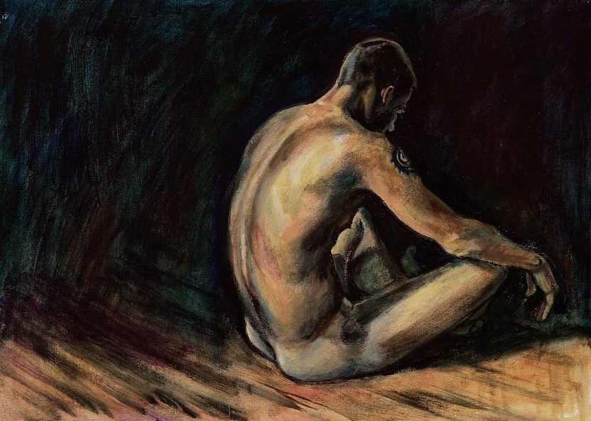Figurative oil painting by Evan Oberholster of a nude man reclining in a dark interior