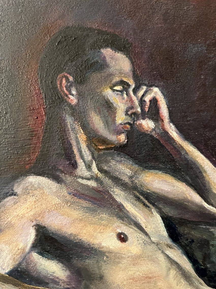 The Wait by Evan Oberholster — oil painting of a reclining nude man resting his hand against his face