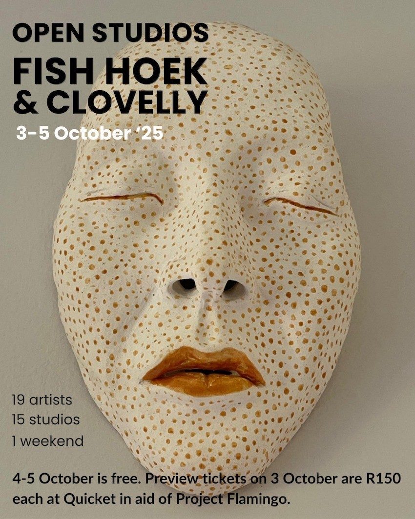 Poster for Open Studios Fish Hoek and Clovelly, 3–5 October 2025, featuring one of Evan Oberholster’s ceramic masks