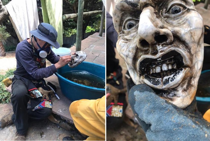 Scrubbing soot from a fired mask, and a close-up of a crackled, soot-stained mask
