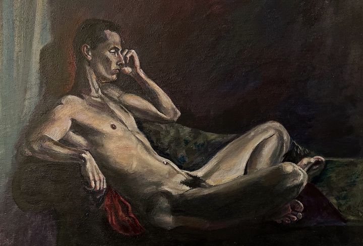 The Wait by Evan Oberholster — oil painting of a reclining nude man resting his hand against his face