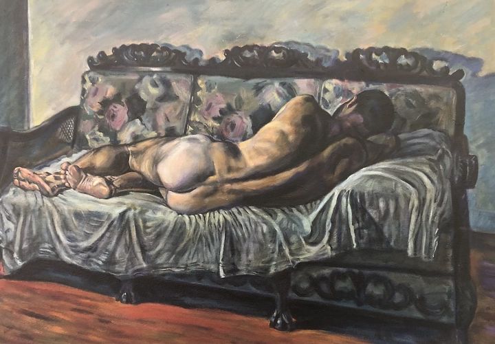 Lounging by Evan Oberholster — oil painting of a nude man lying on an ornate floral couch