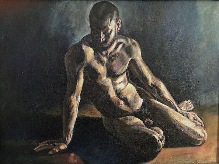 On the Dark Side by Evan Oberholster — oil painting of a nude man seated on the floor in deep shadow