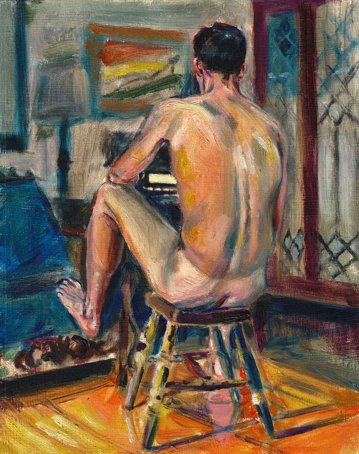 Making Music by Evan Oberholster — oil painting of a nude man seated on a stool, seen from behind, by a leaded window