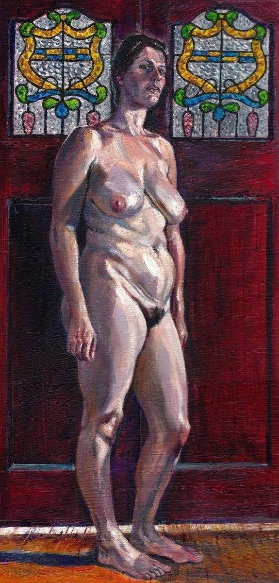 At the Leaded Glass Doors by Evan Oberholster — oil painting of a standing nude woman in front of red doors with stained-glass panels