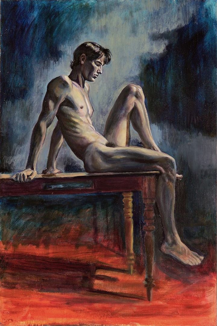 A Young Sitter by Evan Oberholster — oil painting of a young nude man seated on a wooden table against a blue background