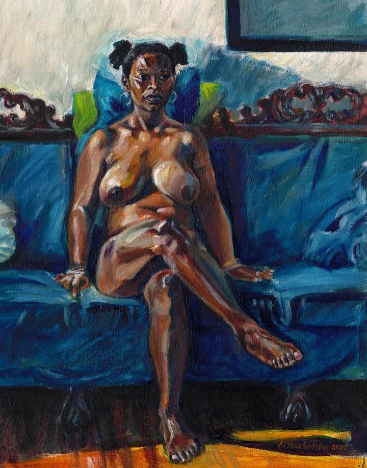 Bold Blue by Evan Oberholster — oil painting of a nude woman seated with crossed legs on a blue couch