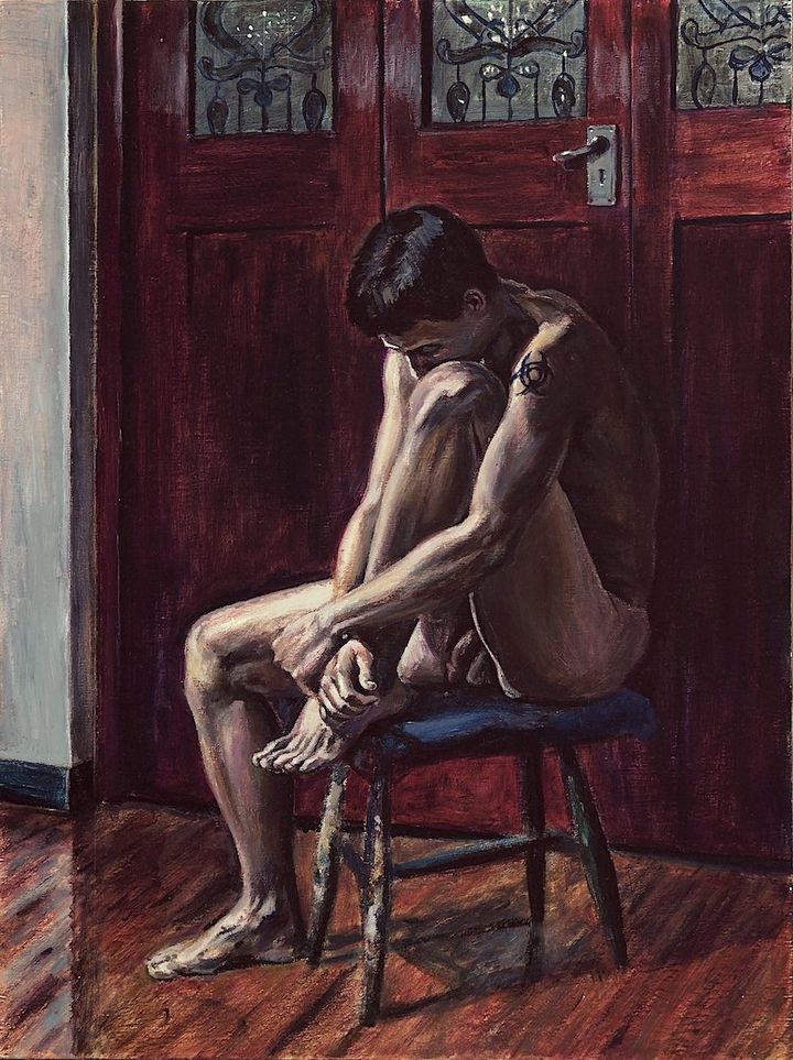 A Leg Up by Evan Oberholster — oil painting of a nude man hugging his knees on a stool beside a red door